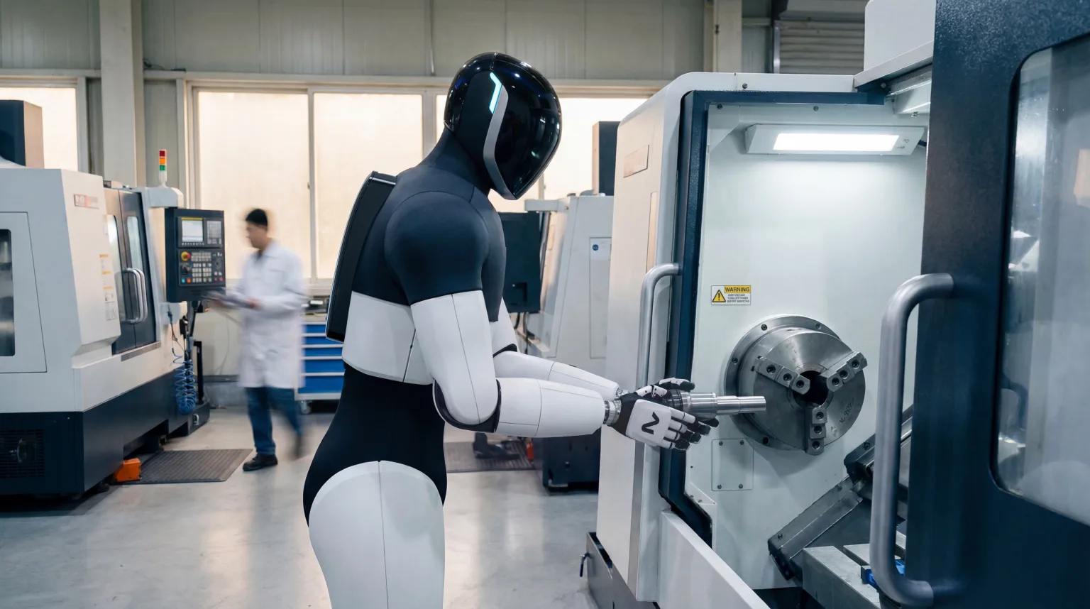 A 4NE-1 humanoid operating a CNC machine in a workshop while a human technician works nearby.