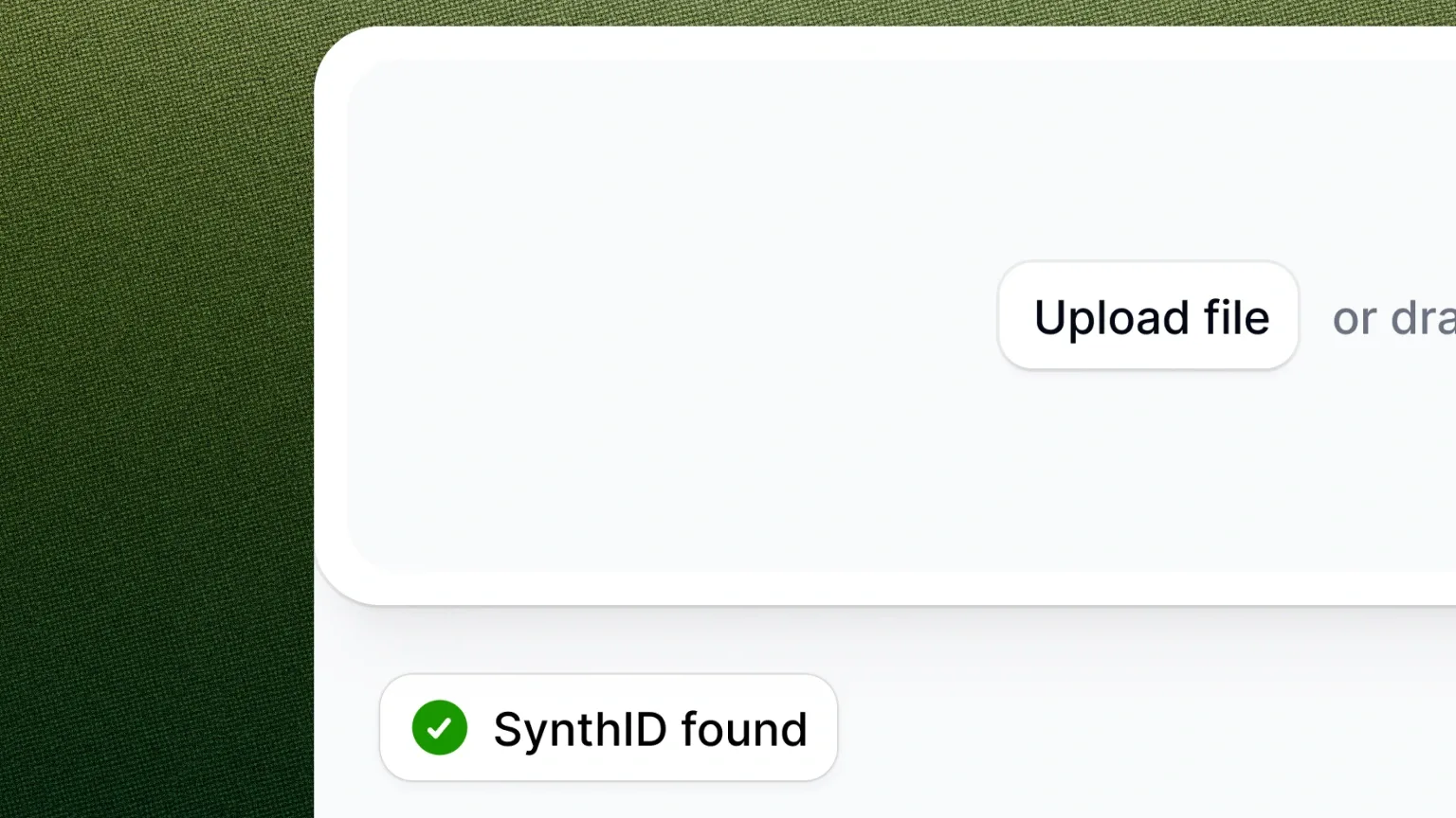The ElevenLabs Audio Detector interface showing an uploaded audio file with a green check and SynthID found.