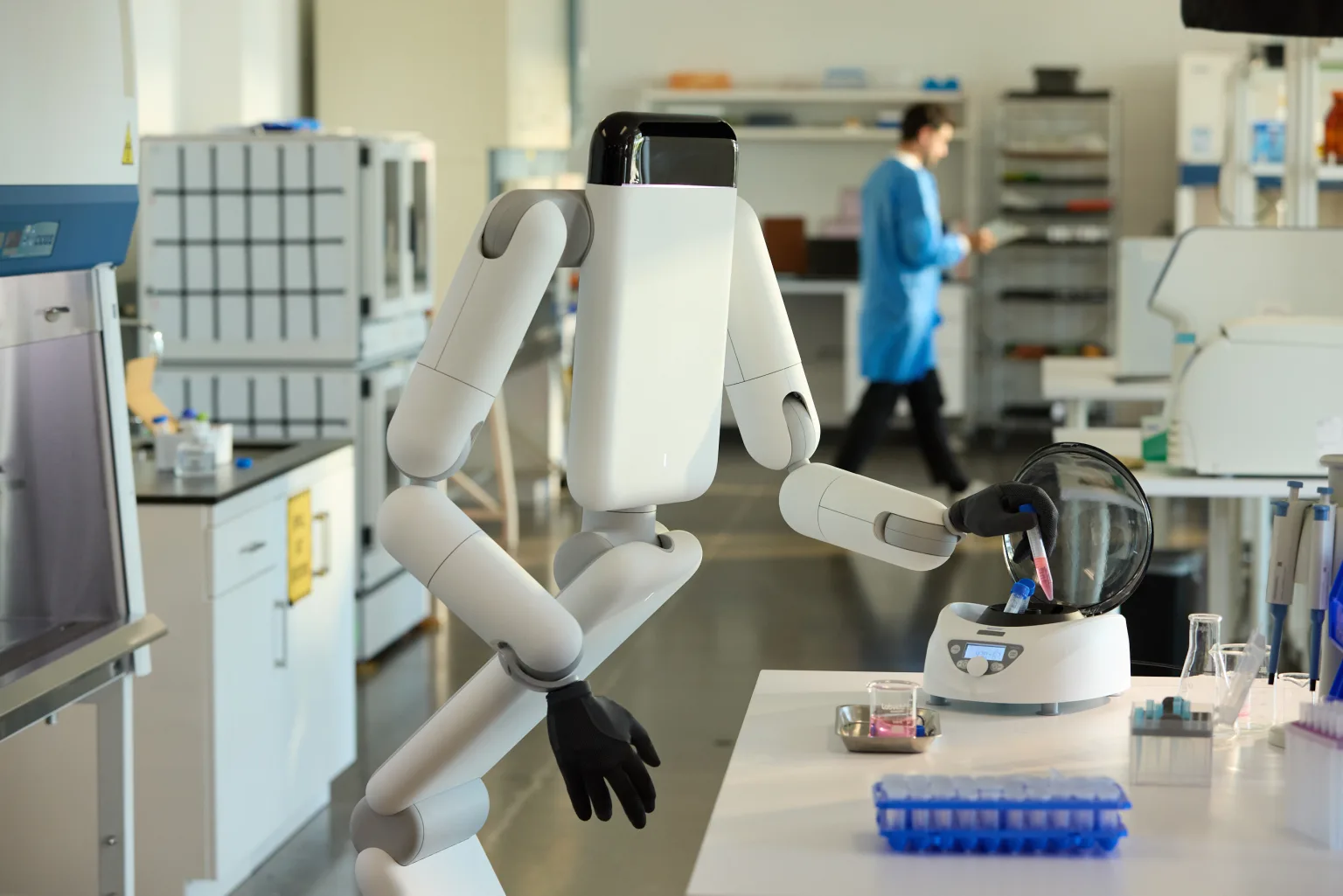 Genesis AI's Eno robot placing sample vials into a lab centrifuge.