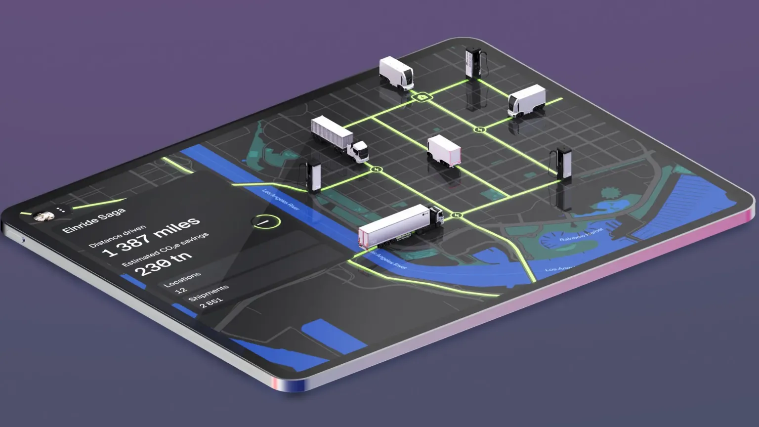 An Einride Saga illustration showing electric and autonomous trucks, charging points and connected routes.