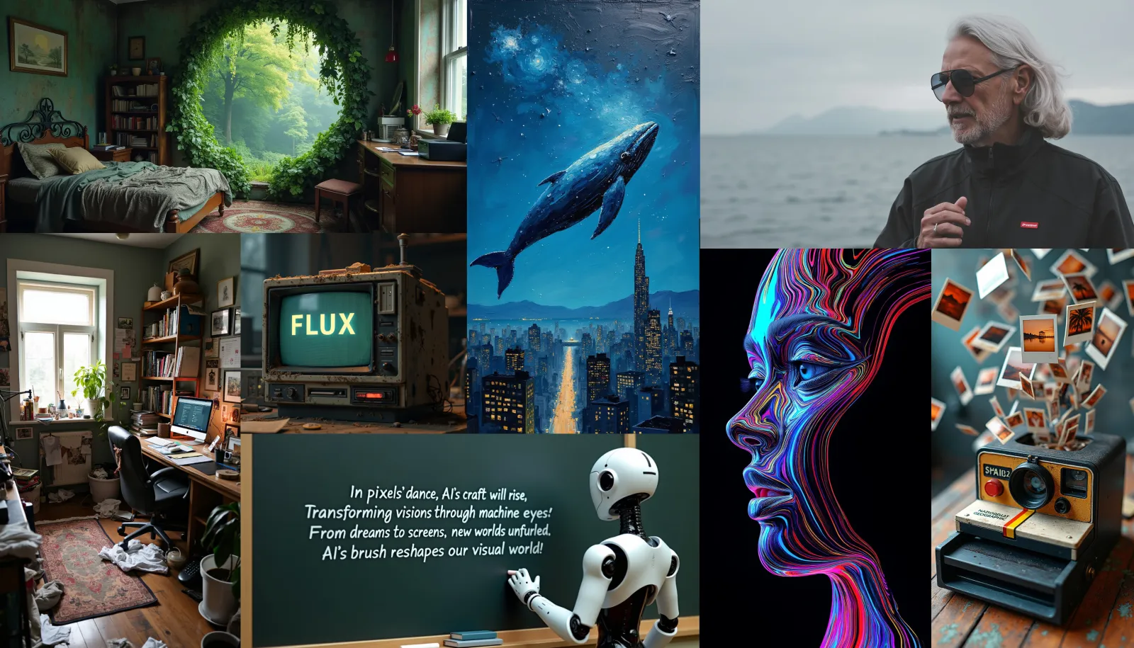 A grid of varied images generated by FLUX.1 [pro] — portraits, landscapes, and rendered text.