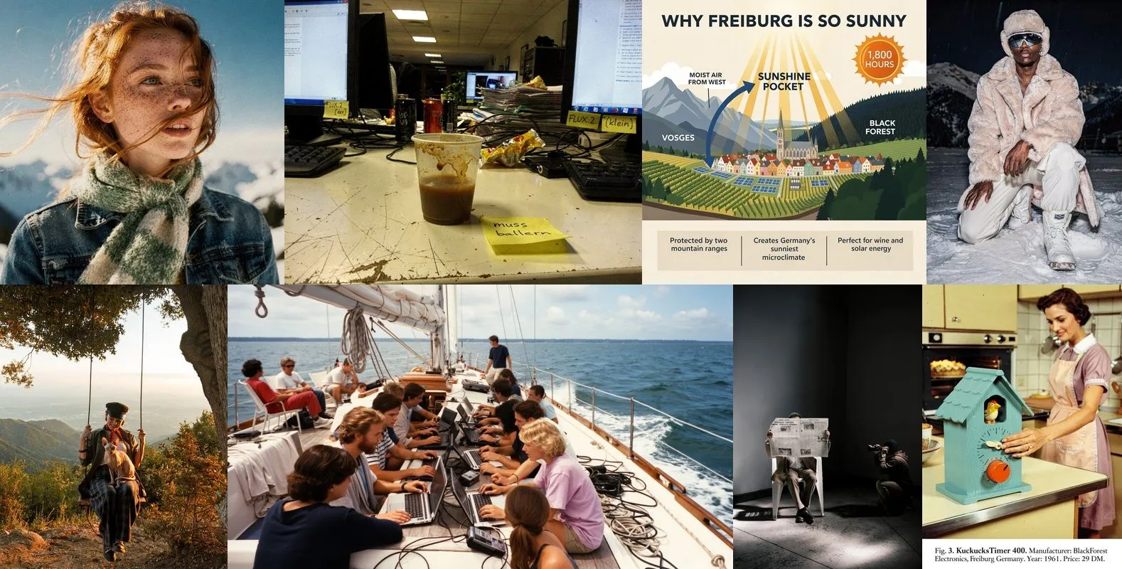 A range of photorealistic and illustrated scenes generated by FLUX.2, including readable signage.