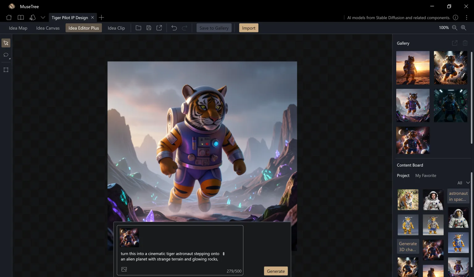 ASUS MuseTree running an on-device FLUX.2 generation workflow with a tiger astronaut image and gallery.