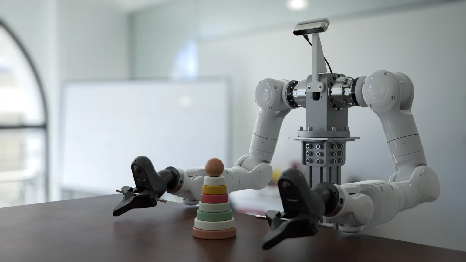 A photorealistic Genesis simulation of a bimanual robot stacking a toy on a table in a rendered room.