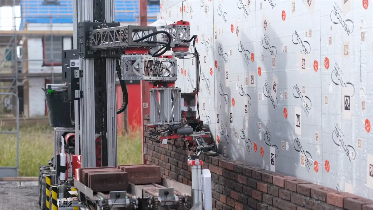 A Monumental robot laying red bricks along a row of new homes at the Kreekrijk construction site.