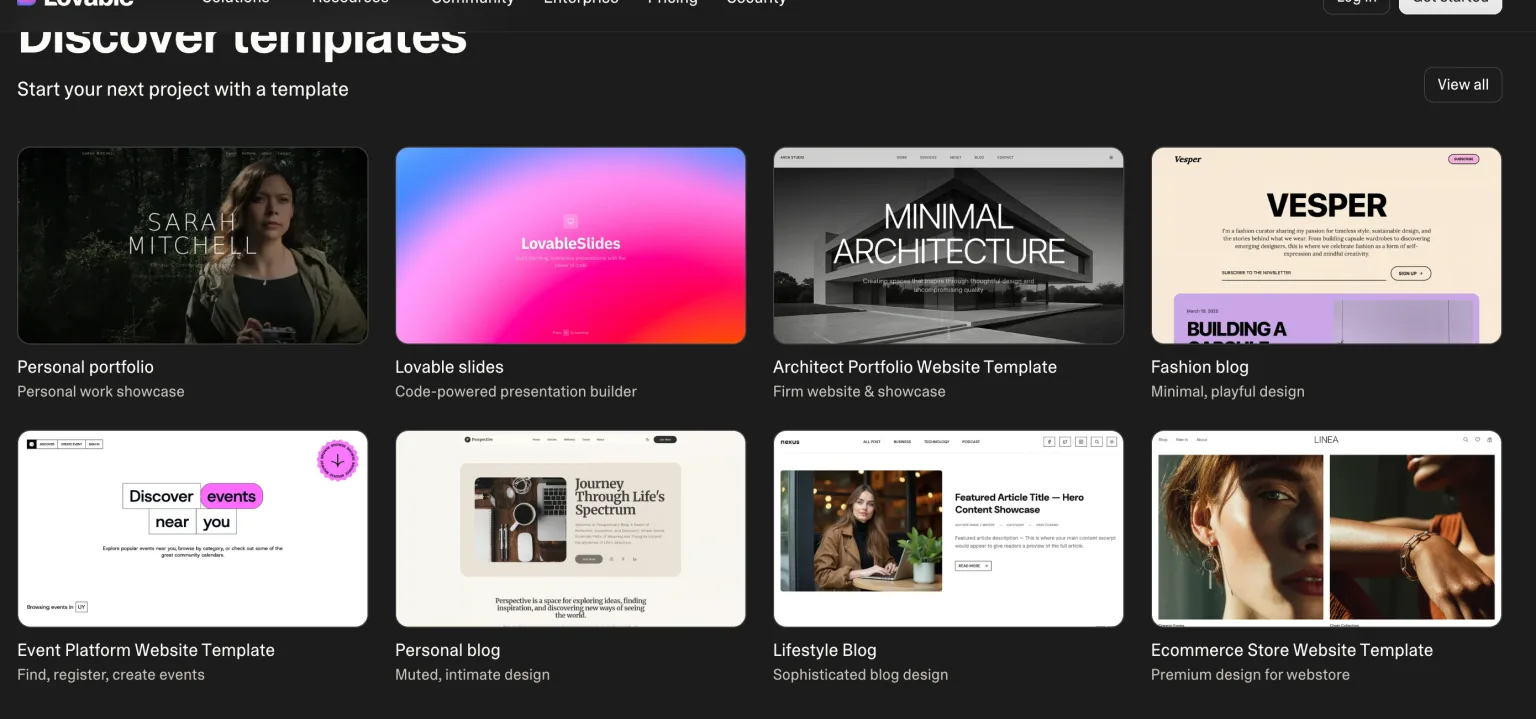Lovable's template gallery showing eight finished apps — a portfolio, a slide builder, an architecture site, blogs, an events platform, and an e-commerce store.