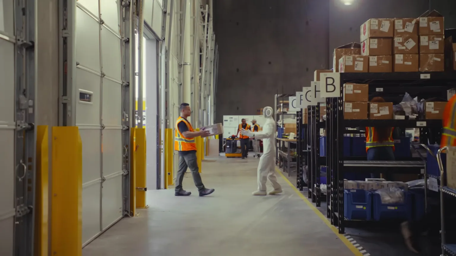 A NEO humanoid robot moving through a warehouse aisle with workers and stocked shelves.