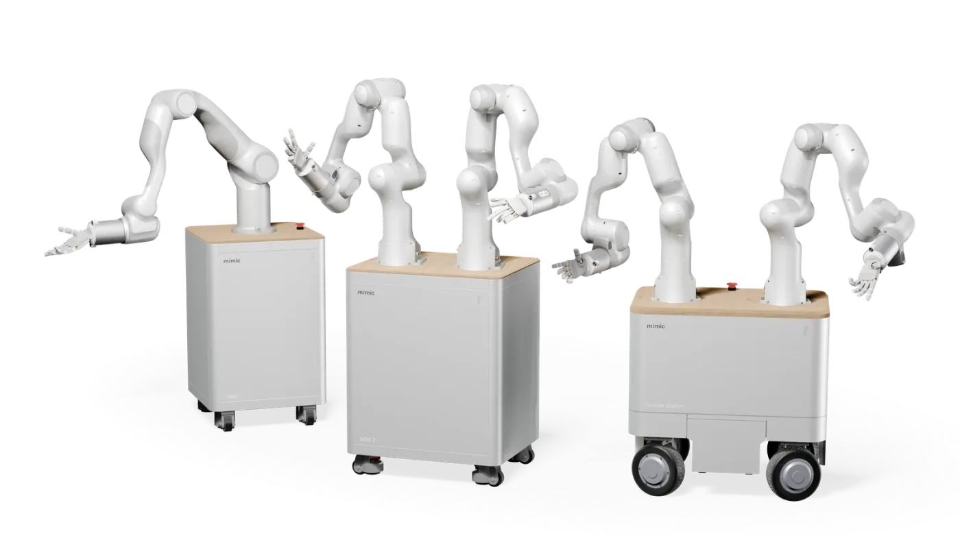 Three mimic robotic systems: two stationary arm carts and a mobile dual-arm station, each fitted with dexterous hands.