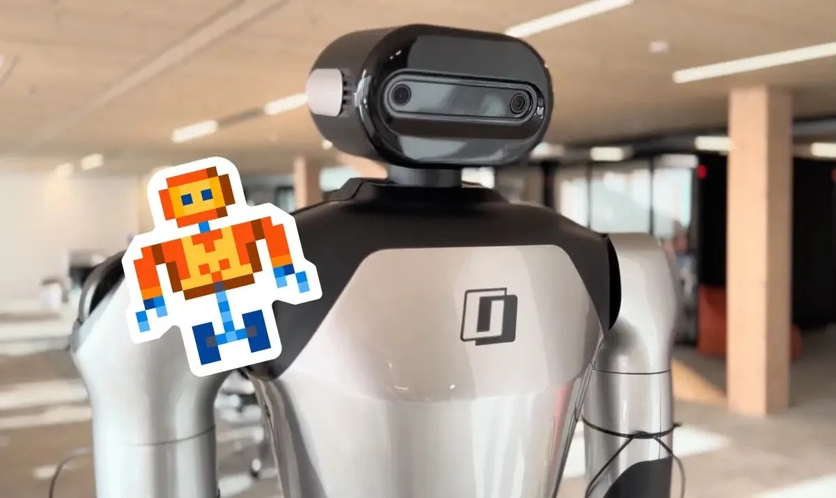 A robot with a camera head in an office setting, overlaid with Mistral's pixel robot character.