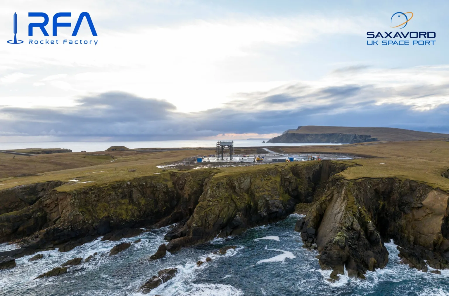 Aerial view of RFA's launch pad on the cliffs of SaxaVord Spaceport, Unst, Shetland.
