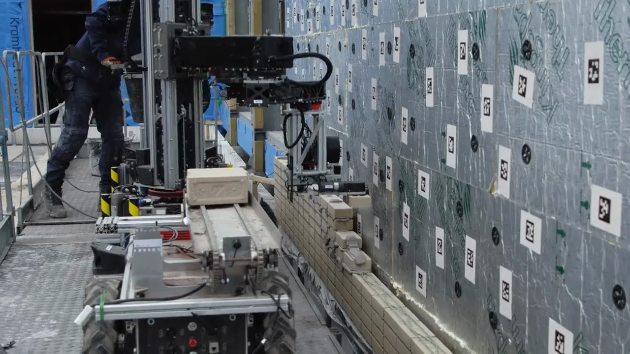 A Monumental bricklaying robot placing light-colored bricks along an insulated wall at the SEIN construction site.