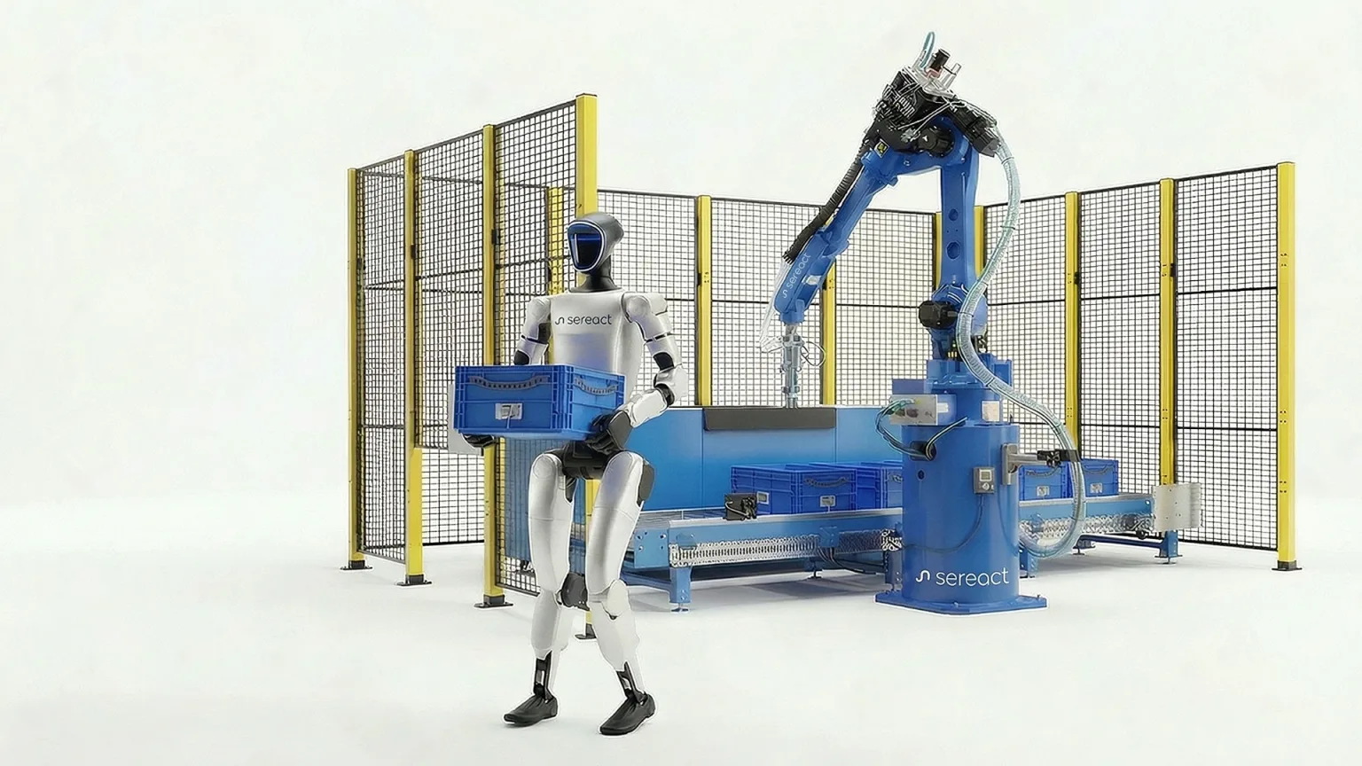A Sereact humanoid robot carrying a crate beside a Sereact industrial arm working a picking station.