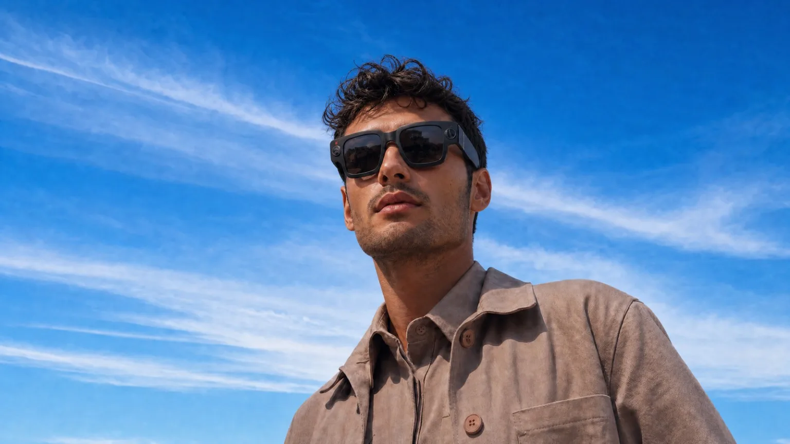 A Shift operator wearing camera-equipped smart glasses against a blue sky.