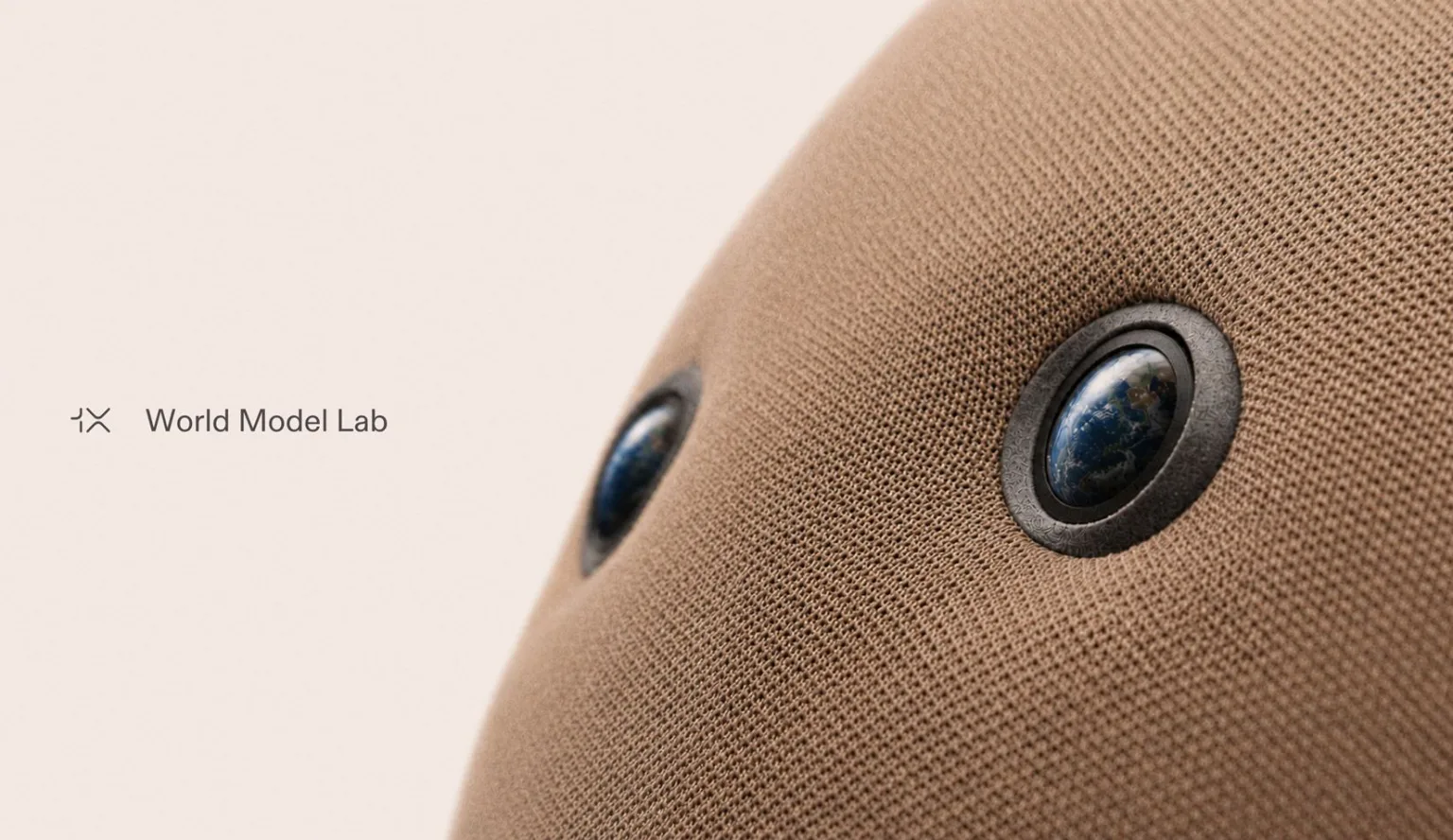 A close-up of NEO's fabric-covered sensor face beside the words World Model Lab.